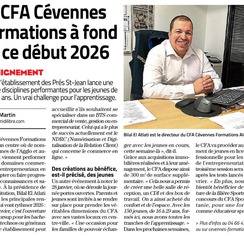 Revue de presse : midi libre parle du CFA Cévennes Formations Alès