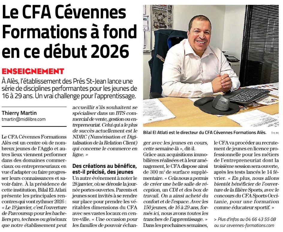 Midi Libre : Le CFA Cévennes Formation à fond en ce début 2026